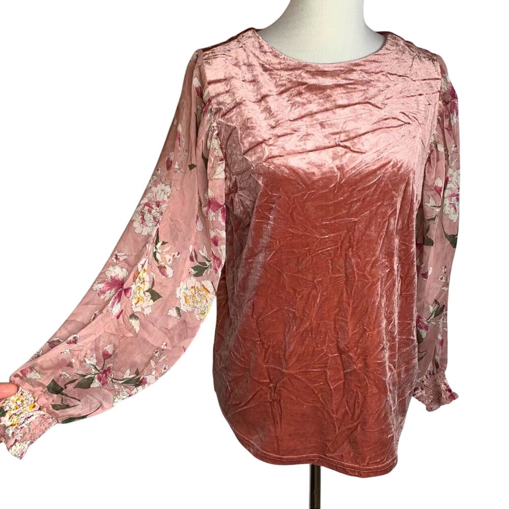 Tru Luxe Washed Velvet Top w/ Sheer Floral Sleeves NWOT